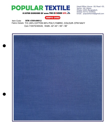 [(84X68) NAVY] TC (35% Cotton 65% Poly) Fabric, Colour- DTM NAVY
